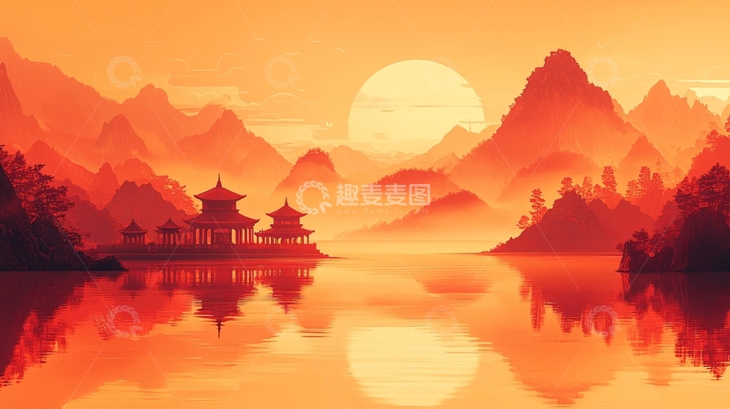 高清大图下载【趣麦麦图】日落山景寺庙湖泊