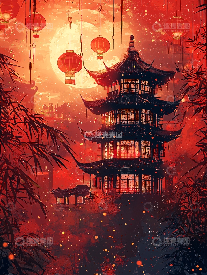 高清大图下载【趣麦麦图】红月下的中国古塔