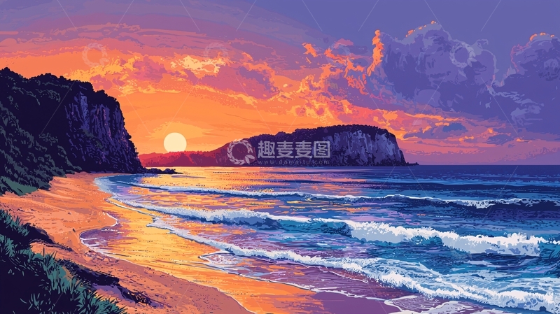 高清大图下载【趣麦麦图】落日余晖下的海滩景色