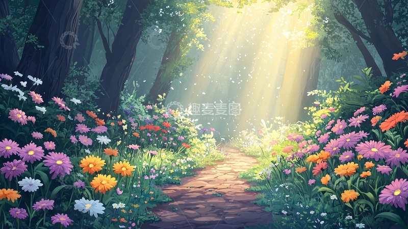 高清大图下载【趣麦麦图】森林小路花海阳光