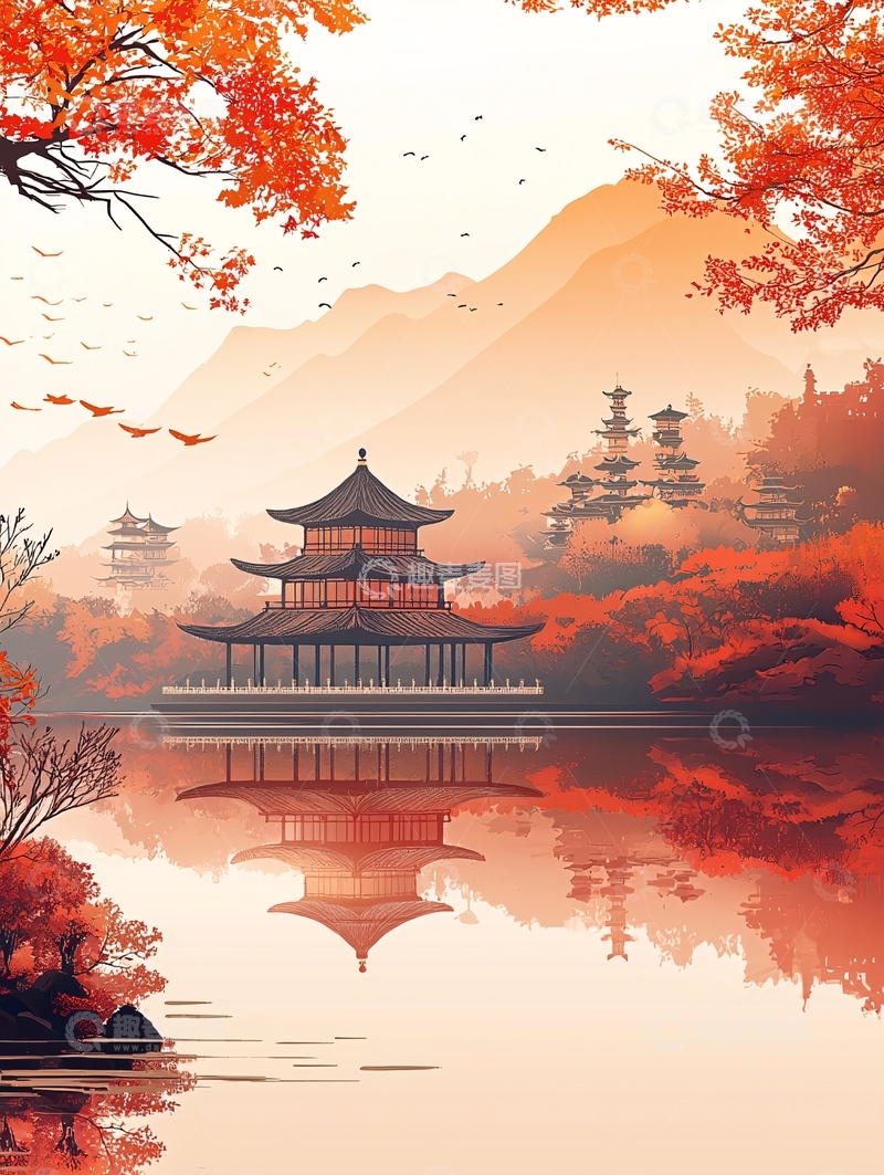 高清大图下载【趣麦麦图】秋日红枫下的中国古建筑