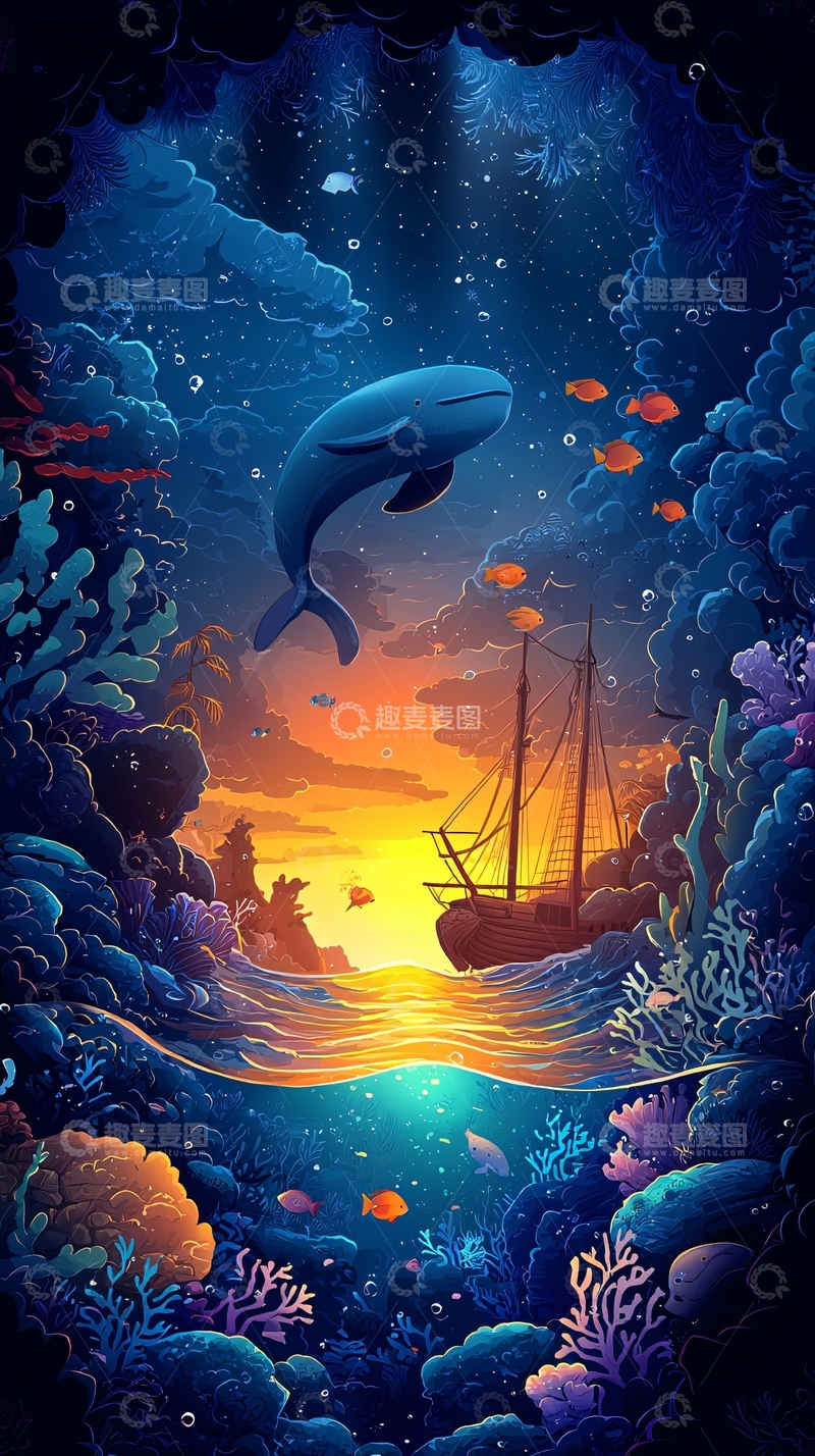 高清大图下载【趣麦麦图】深海鲸鱼日落沉船