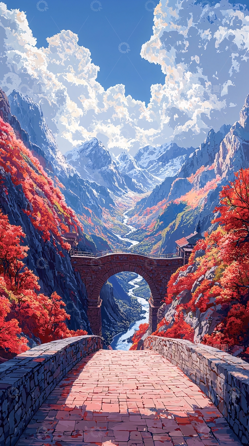 高清大图下载【趣麦麦图】秋日山谷古桥