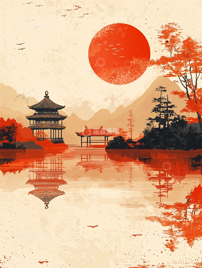 高清大图下载【趣麦麦图】湖边亭台楼阁红日装饰画