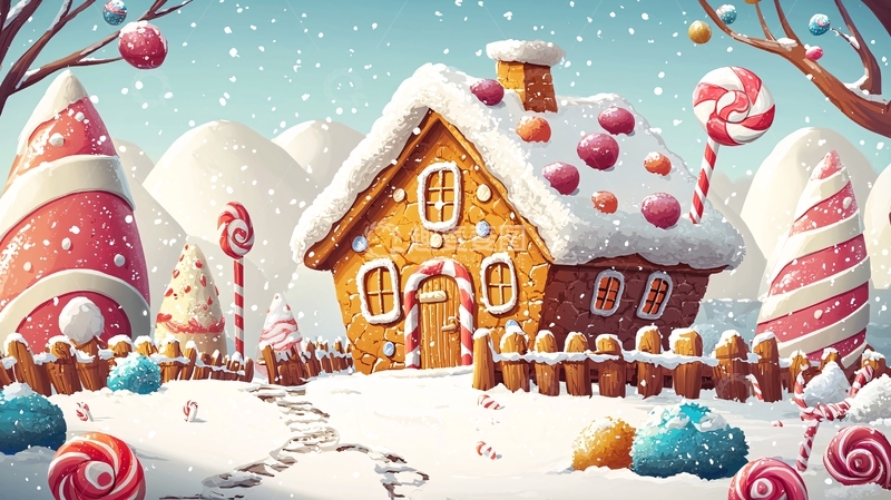 高清大图下载【趣麦麦图】卡通姜饼屋雪景