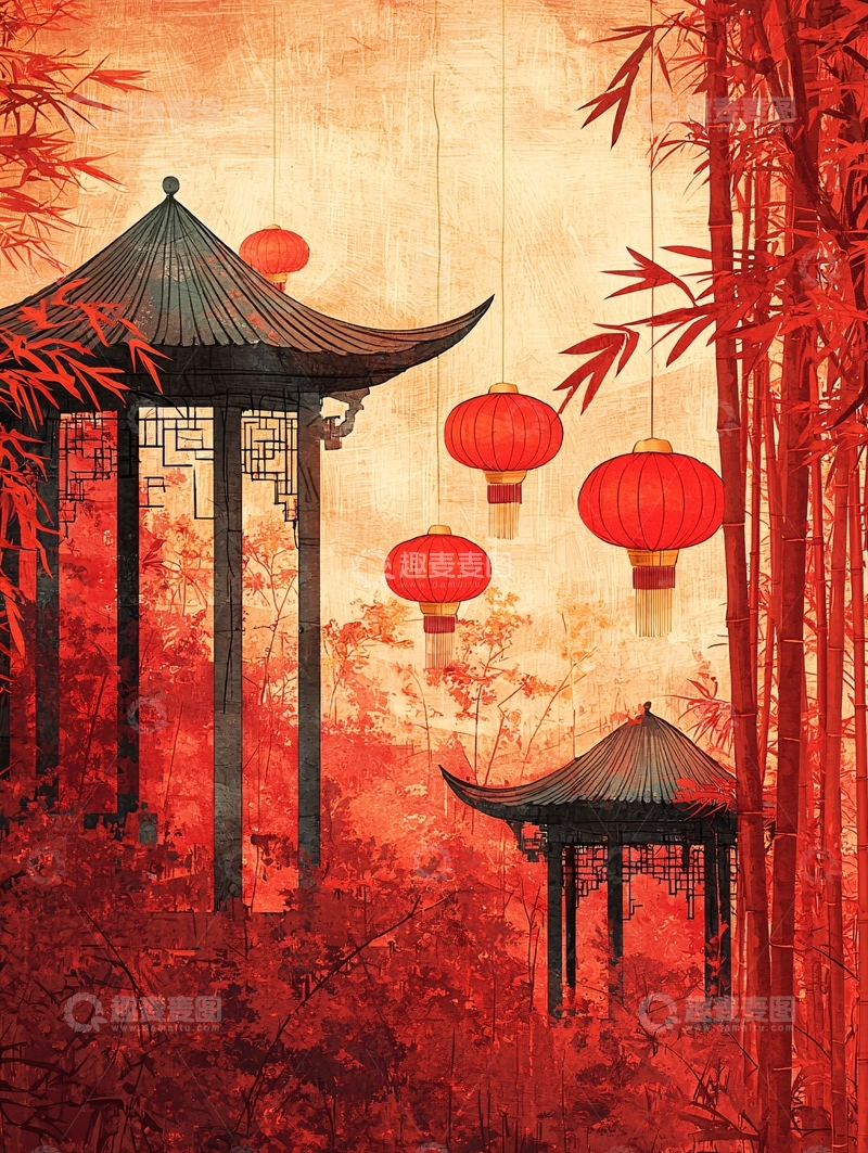 高清大图下载【趣麦麦图】红色中国风灯笼亭子竹林意境