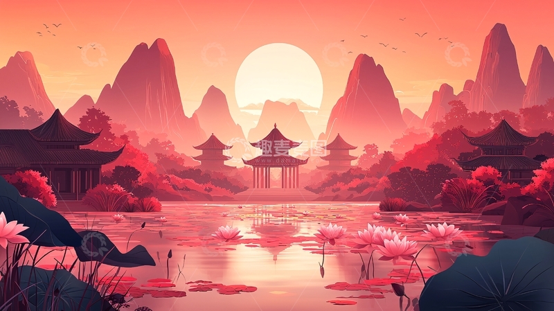 高清大图下载【趣麦麦图】粉色水墨山水古风建筑日落