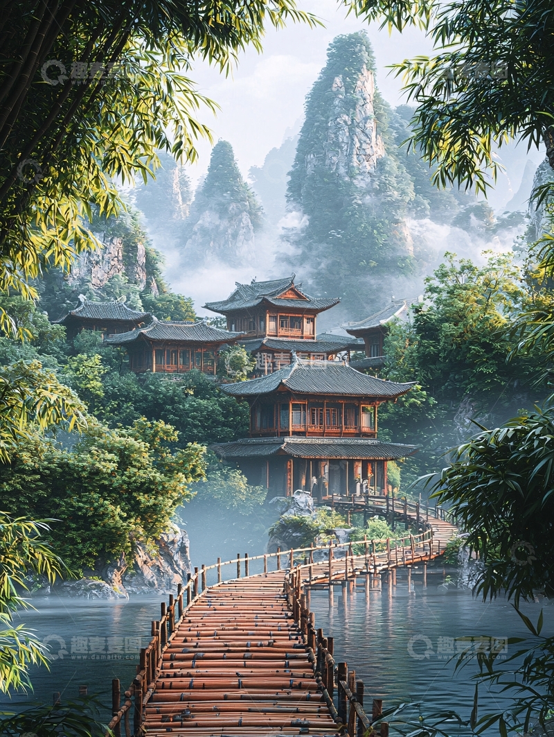 高清大图下载【趣麦麦图】仙境古寺山水画