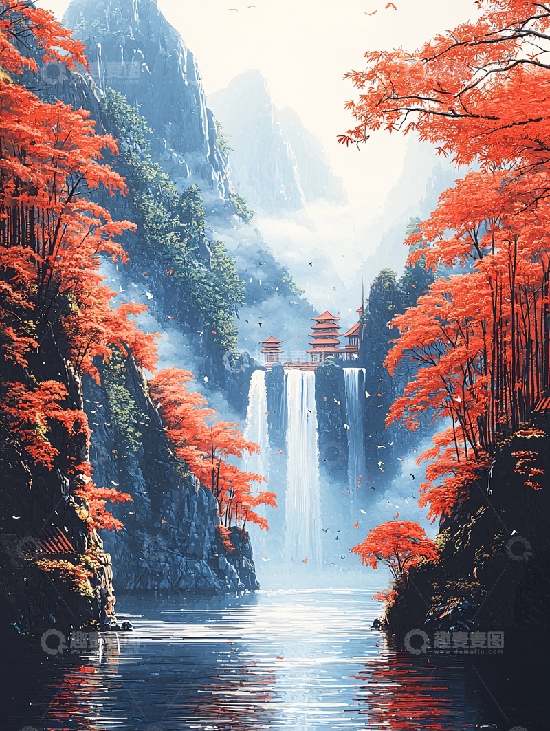 高清大图下载【趣麦麦图】秋枫红叶瀑布山谷
