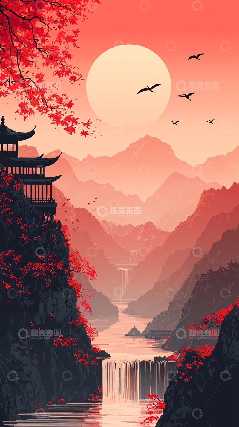 高清大图下载【趣麦麦图】红枫山峦日出景色