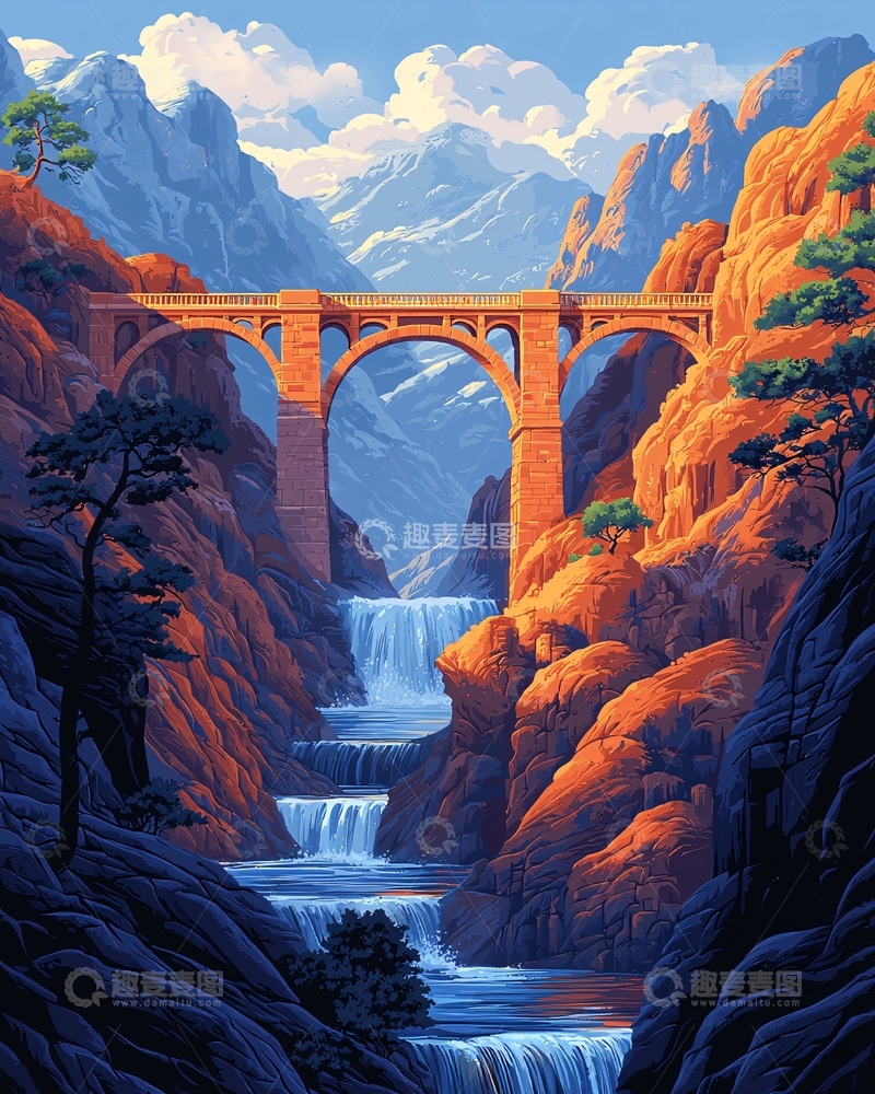 高清大图下载【趣麦麦图】山谷桥梁瀑布风景画