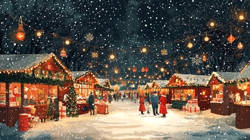 下雪的圣诞集市夜景