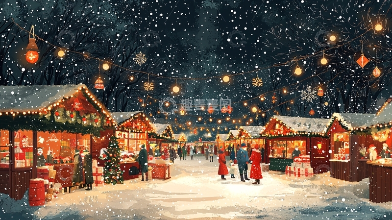 高清大图下载【趣麦麦图】下雪的圣诞集市夜景