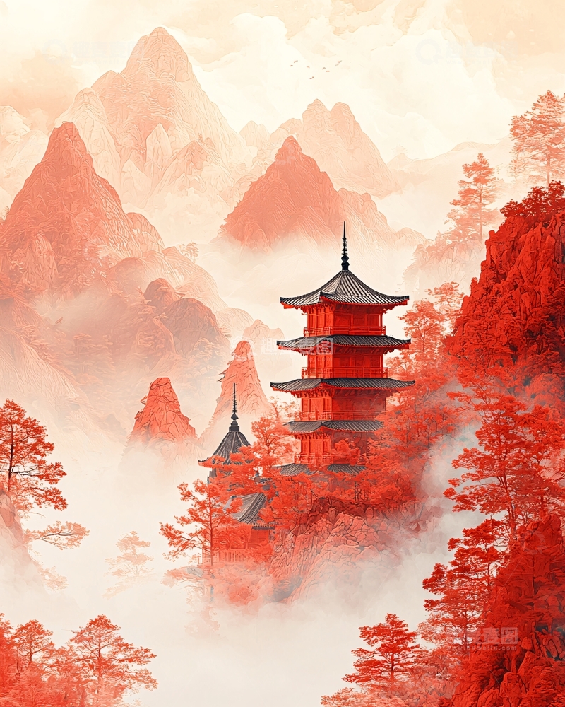 高清大图下载【趣麦麦图】红枫层林寺庙山峦