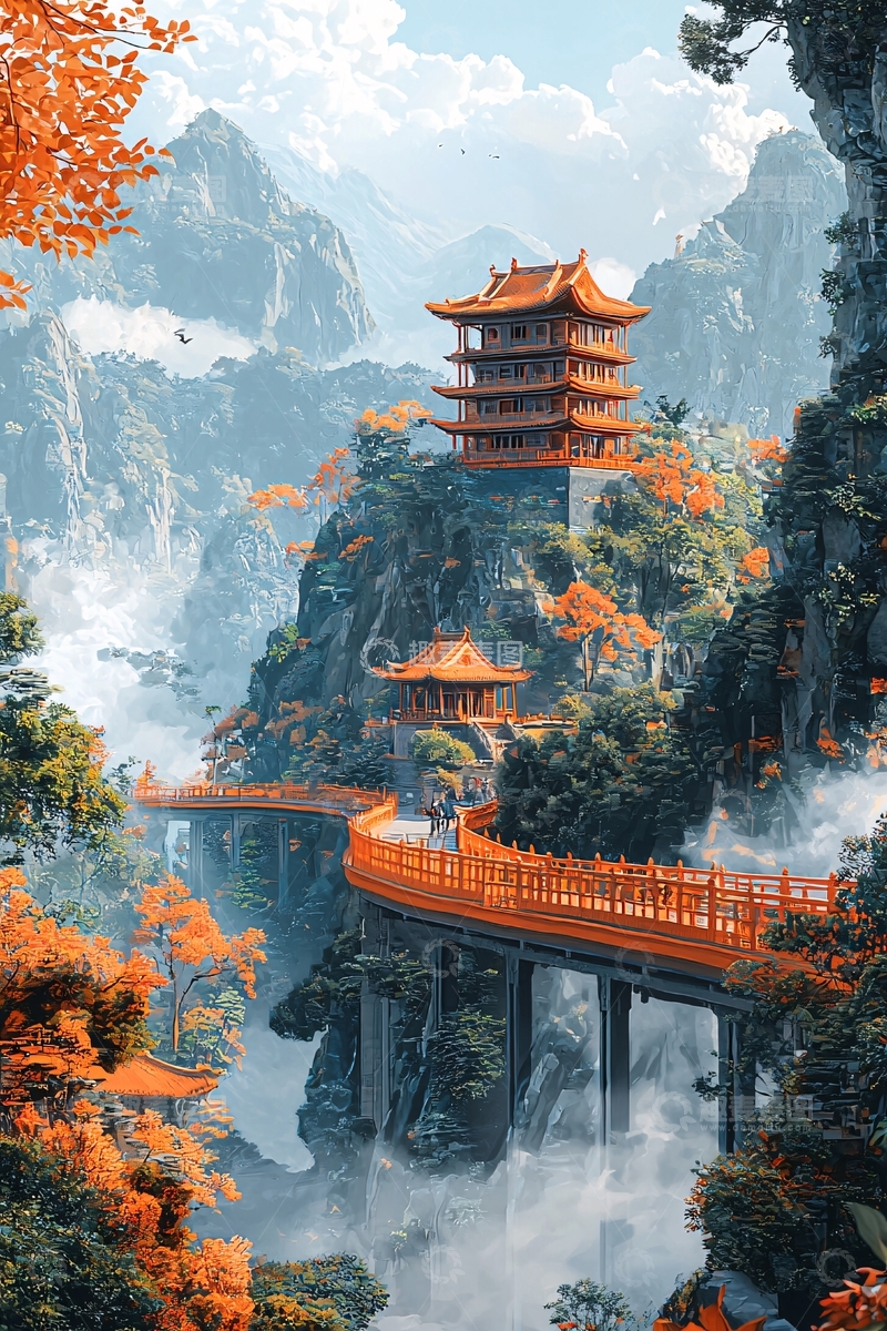 高清大图下载【趣麦麦图】山间古寺仙境图