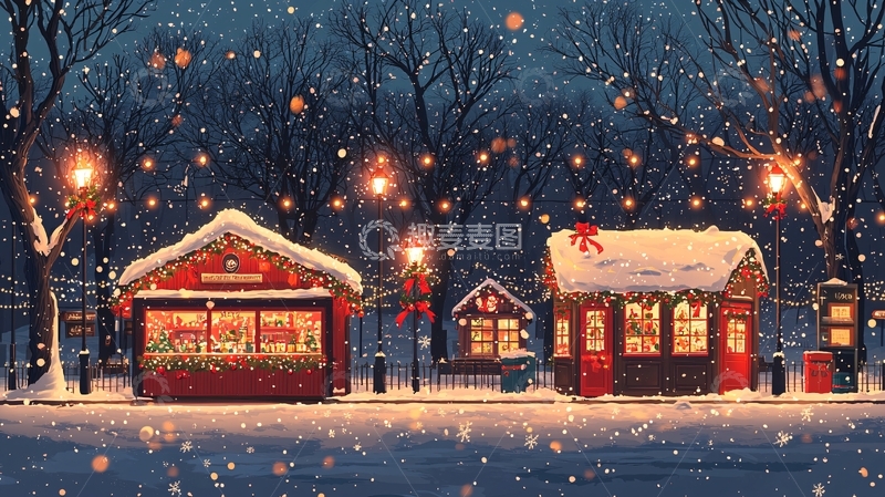 高清大图下载【趣麦麦图】冬夜雪景圣诞小镇