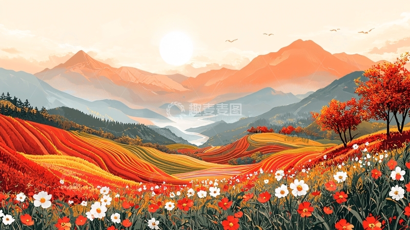 高清大图下载【趣麦麦图】日出山脉田园风光
