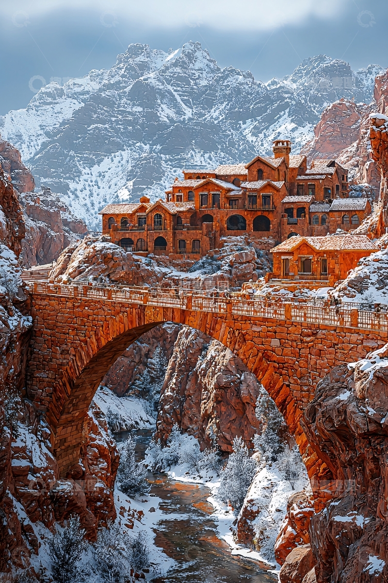 高清大图下载【趣麦麦图】雪山峡谷酒店桥梁