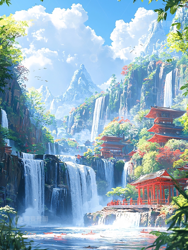 高清大图下载【趣麦麦图】壮丽山水瀑布寺庙建筑
