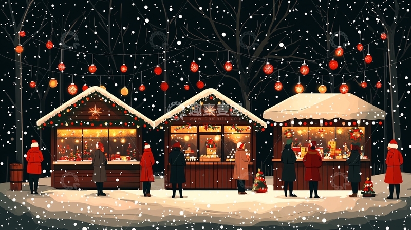 高清大图下载【趣麦麦图】冬夜圣诞集市雪景图