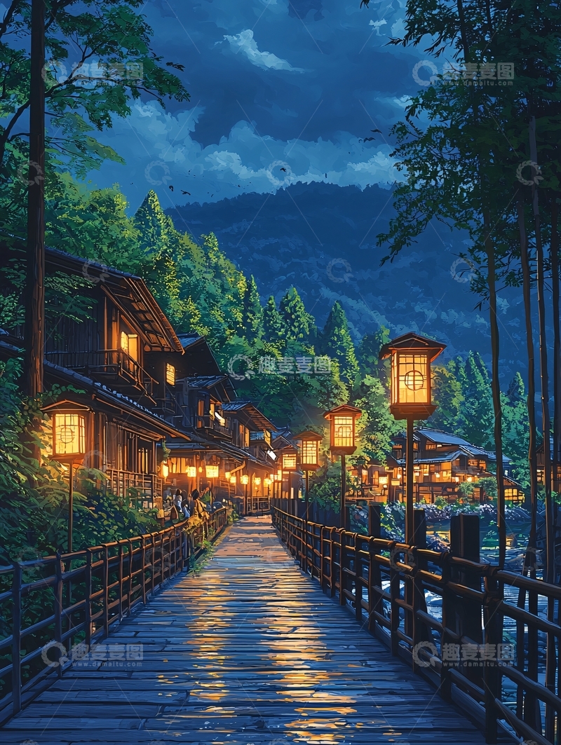 高清大图下载【趣麦麦图】夜晚小镇木桥