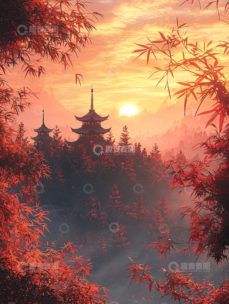 高清大图下载【趣麦麦图】日落下的红叶竹林与佛塔