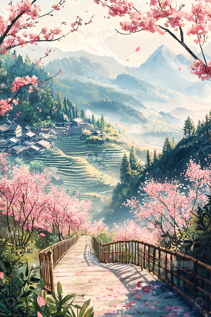 高清大图下载【趣麦麦图】樱花盛开的山间村庄