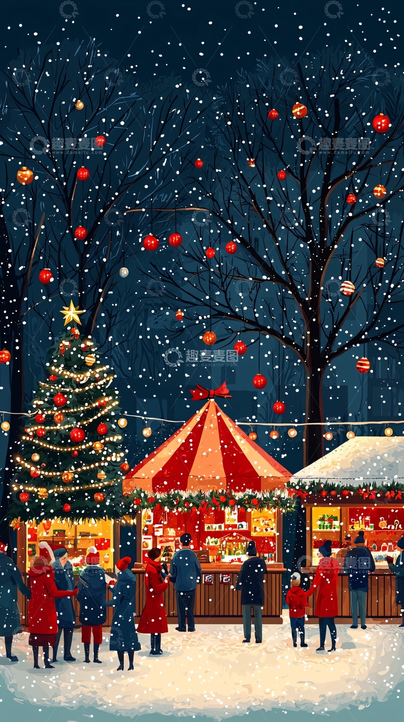 高清大图下载【趣麦麦图】下雪的圣诞集市