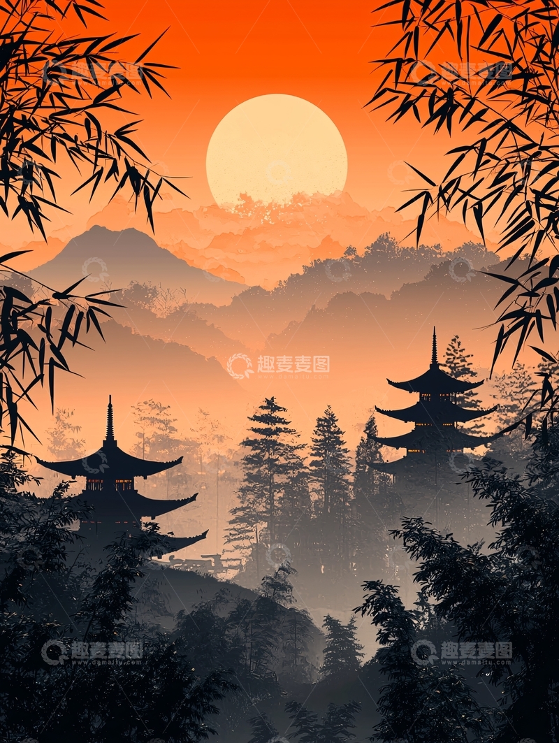 高清大图下载【趣麦麦图】日落山景水墨画