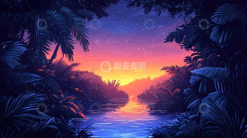 高清大图下载【趣麦麦图】热带河流日落星空