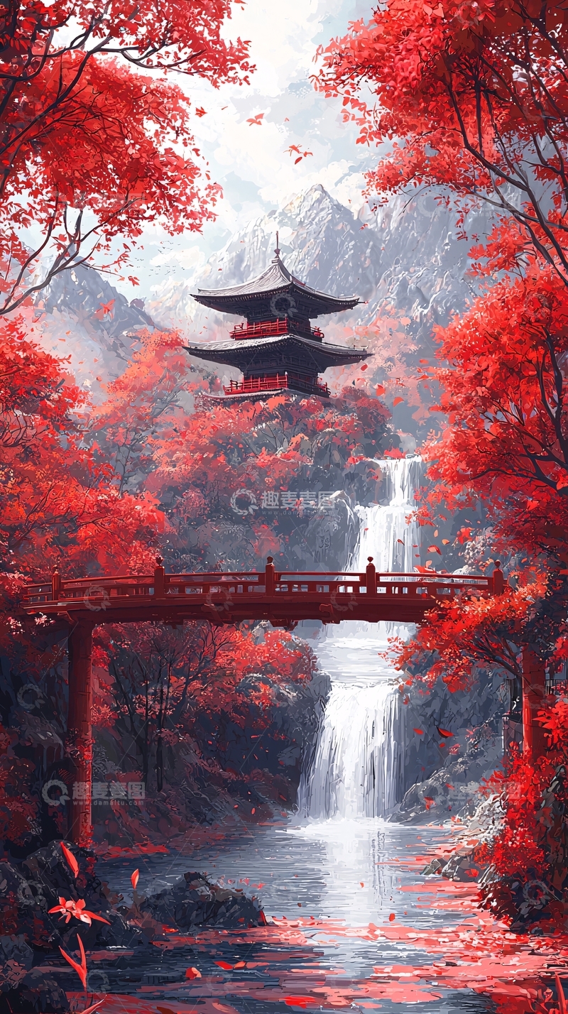 高清大图下载【趣麦麦图】红枫叶山间寺庙瀑布