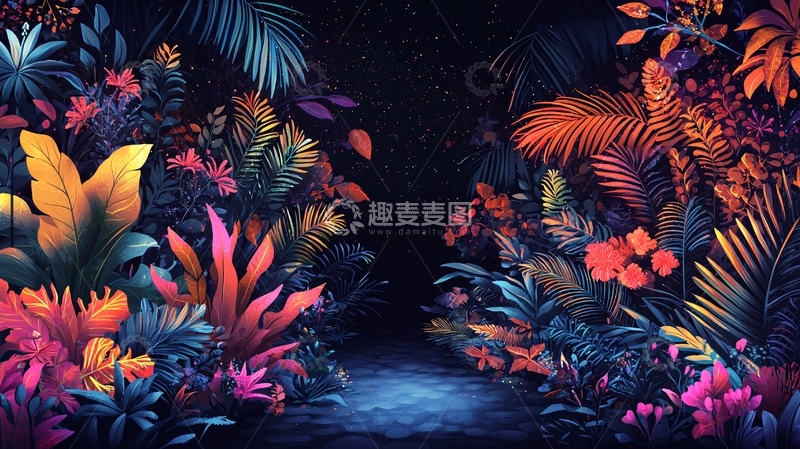 高清大图下载【趣麦麦图】夜色热带雨林绚丽植物