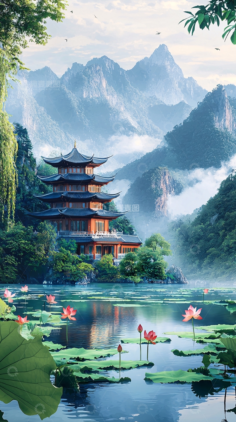 高清大图下载【趣麦麦图】中国风山水亭台楼阁