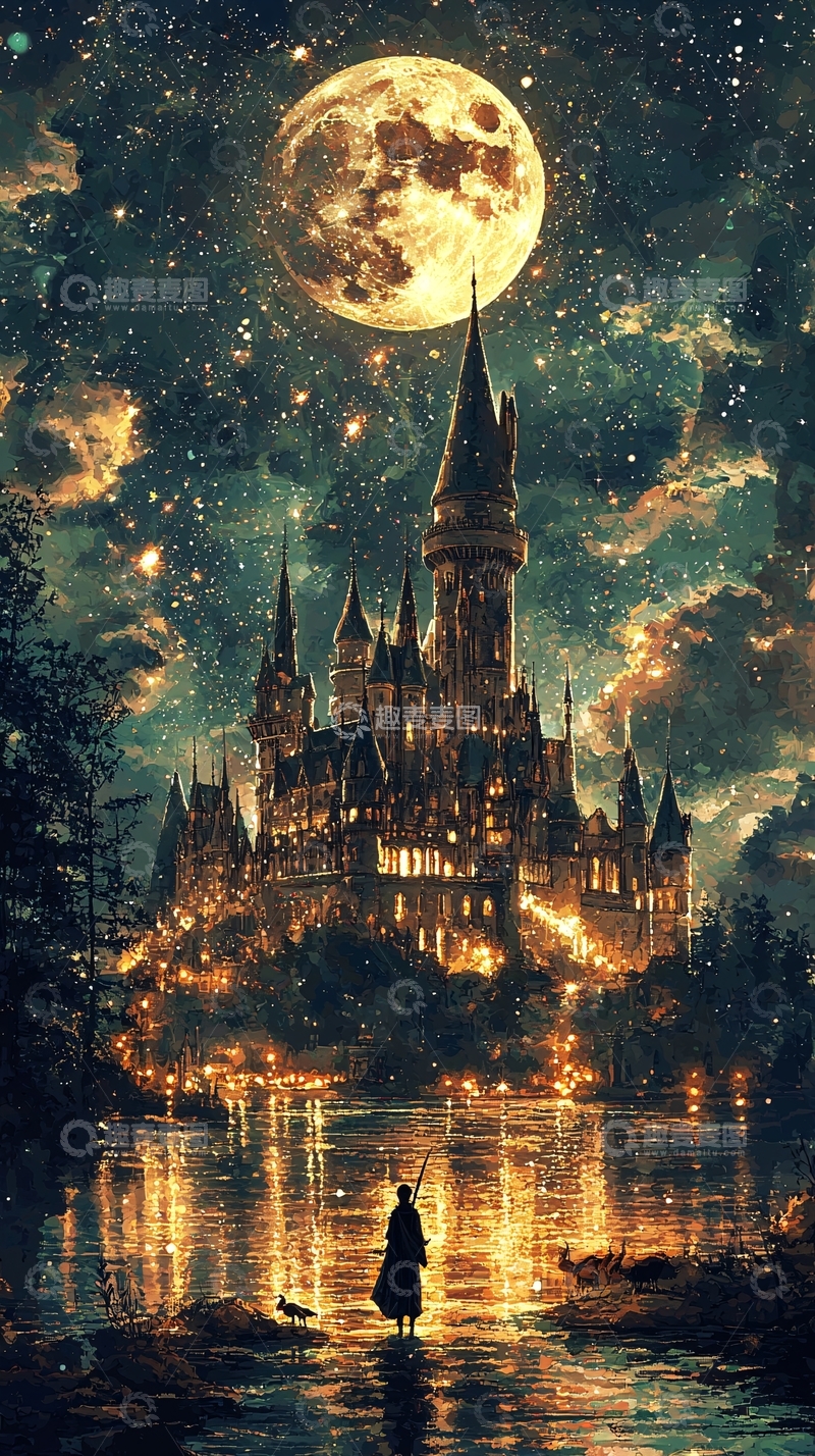 高清大图下载【趣麦麦图】夜晚城堡星空