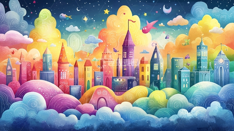 高清大图下载【趣麦麦图】彩虹云朵中的梦幻城堡