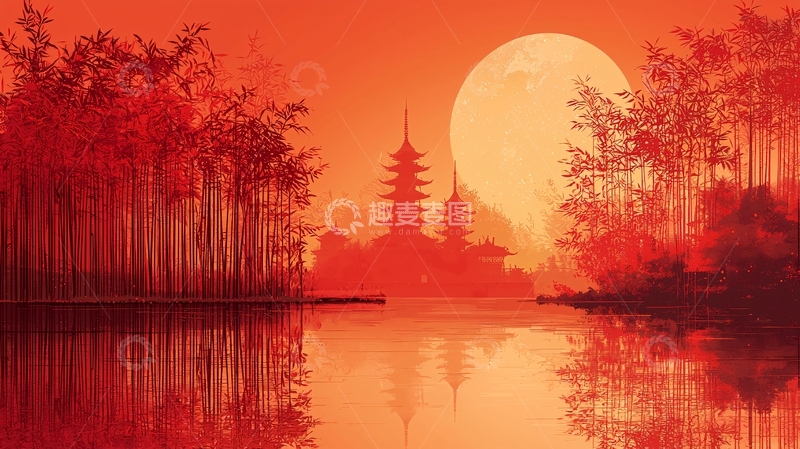 高清大图下载【趣麦麦图】红色调东方水墨风夜景