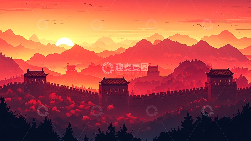 高清大图下载【趣麦麦图】日落长城剪影