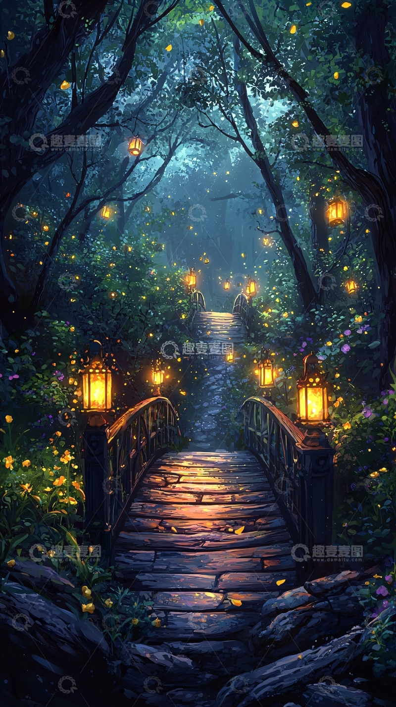 高清大图下载【趣麦麦图】夜晚森林小桥