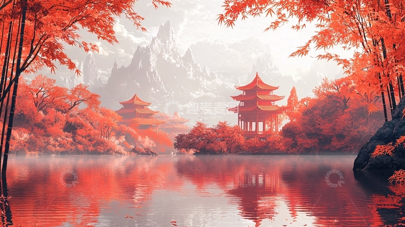 高清大图下载【趣麦麦图】水面倒影的红色中式建筑