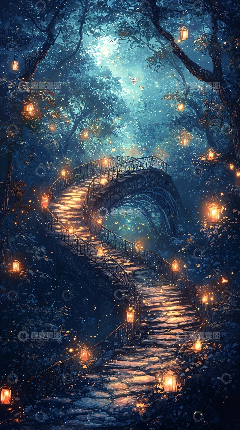 高清大图下载【趣麦麦图】梦幻森林石桥灯笼