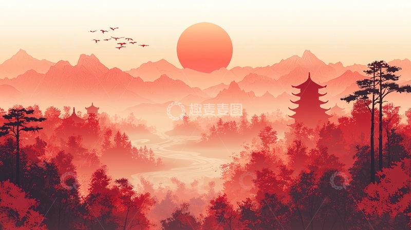 高清大图下载【趣麦麦图】红日山川寺庙景色