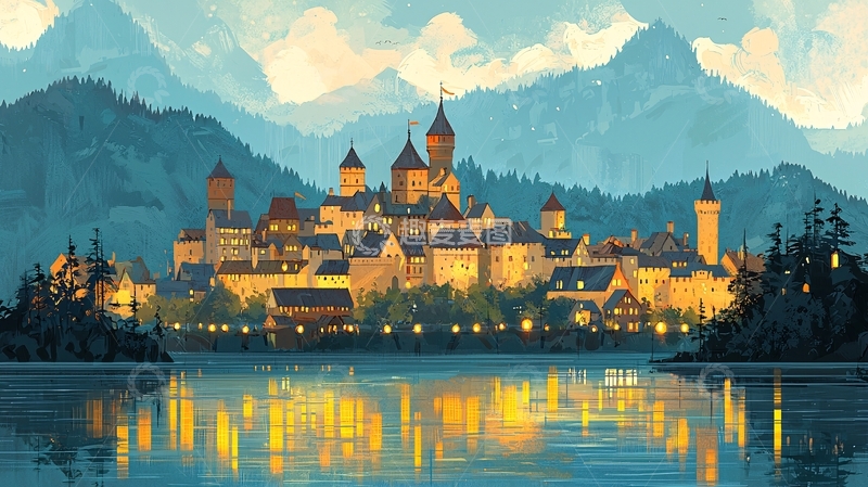高清大图下载【趣麦麦图】湖边傍晚山脉城堡小镇