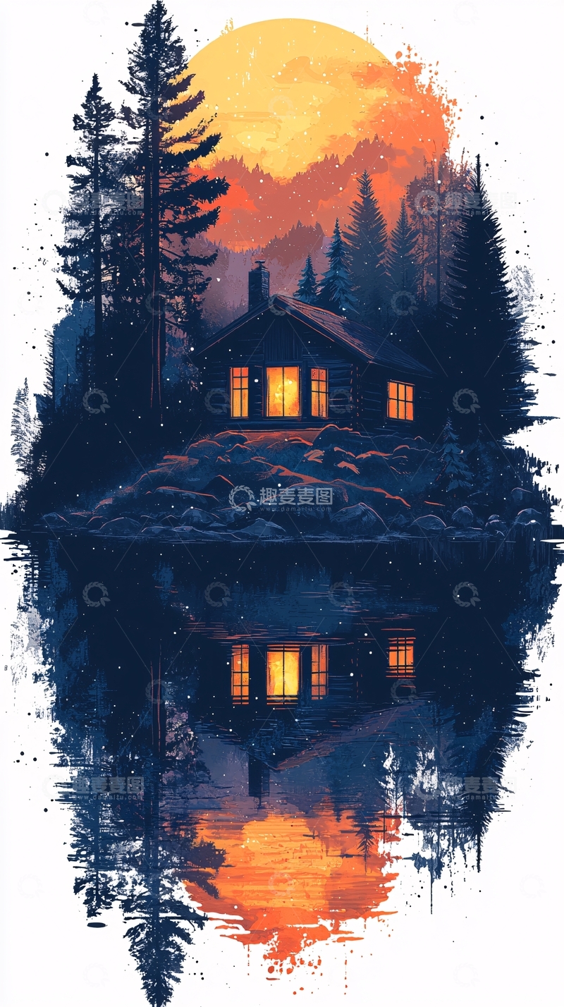 高清大图下载【趣麦麦图】山林小屋湖边倒影日落