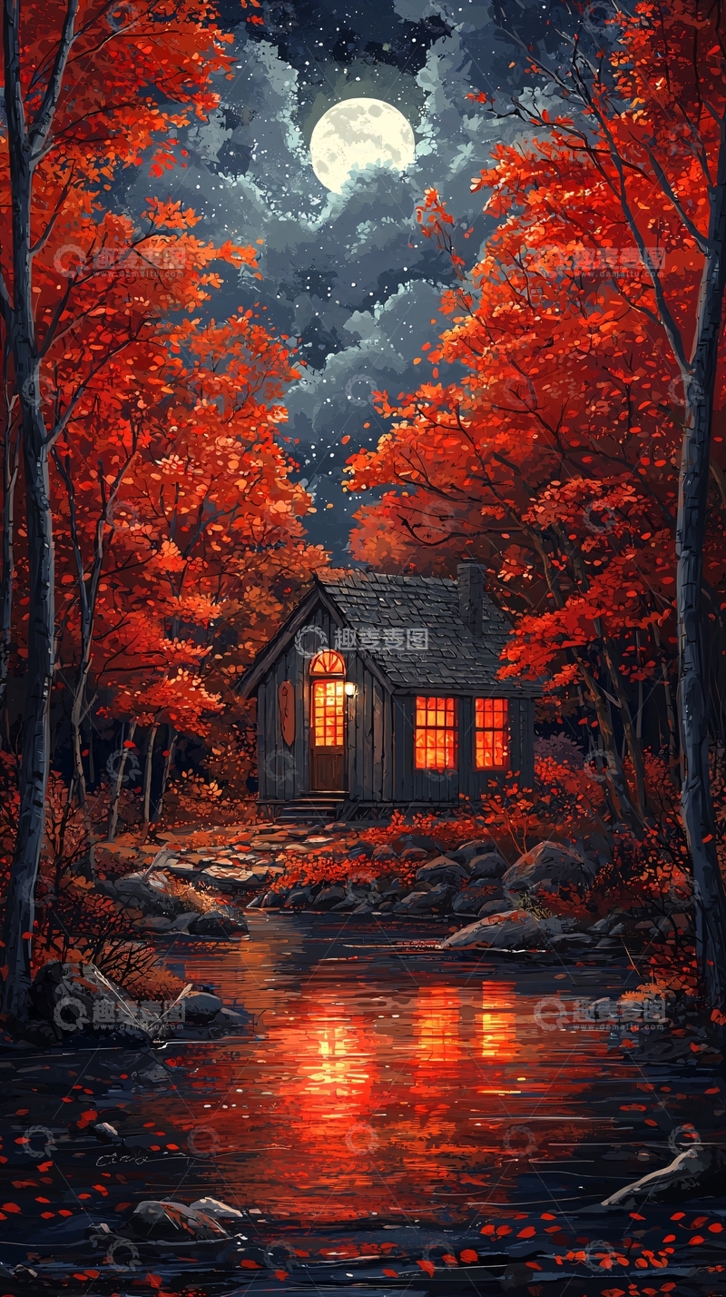 高清大图下载【趣麦麦图】红叶小屋月光夜景