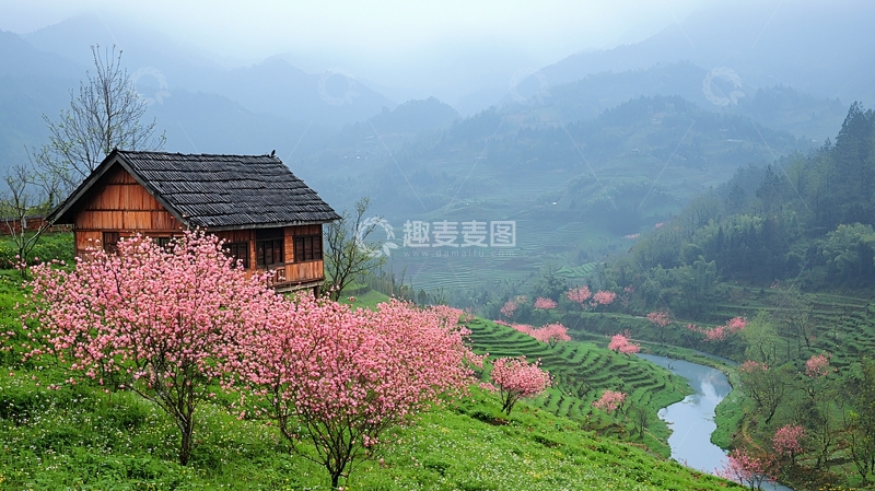 高清大图下载【趣麦麦图】山间木屋桃花盛开