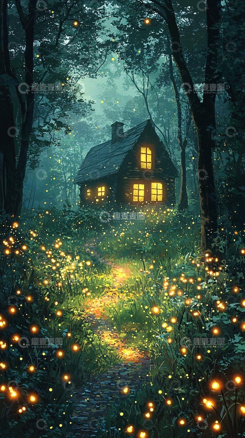 高清大图下载【趣麦麦图】萤火虫小路森林小屋