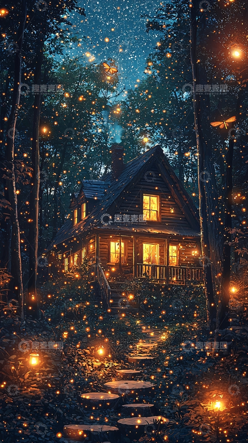高清大图下载【趣麦麦图】夜晚森林小屋萤火虫