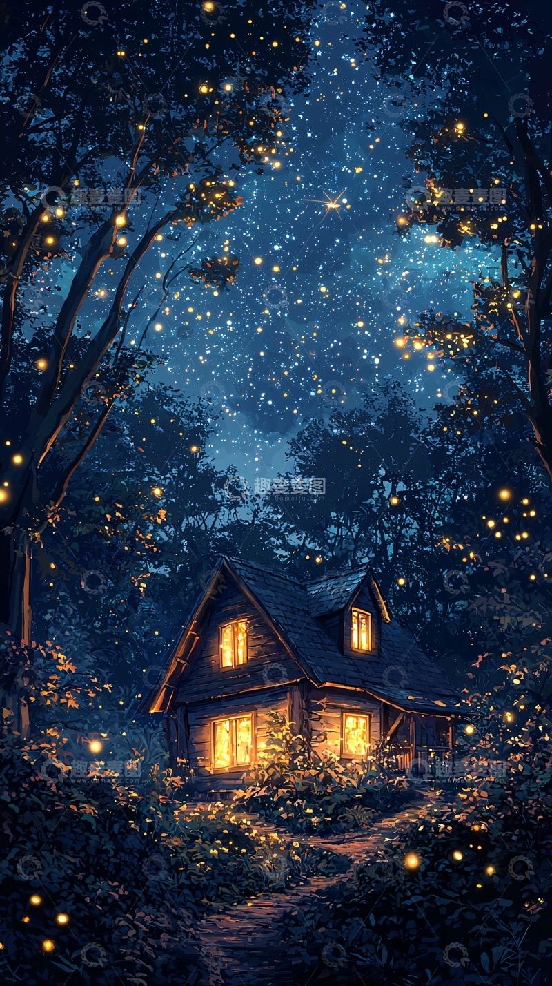 高清大图下载【趣麦麦图】星空下的森林小屋