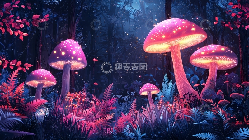高清大图下载【趣麦麦图】梦幻森林发光蘑菇