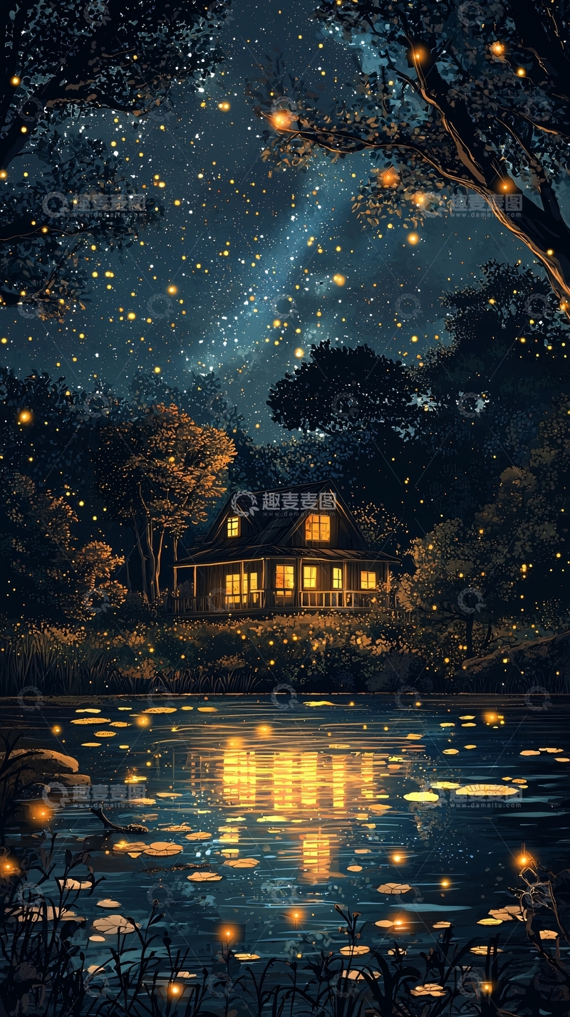 高清大图下载【趣麦麦图】星空下的湖边小屋